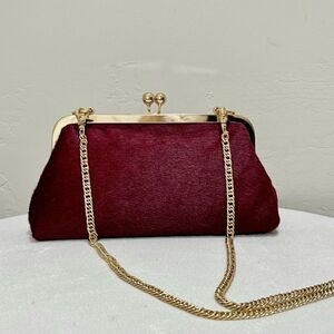 Burgundy Handmade Real hair-on Cowhide Kisslock Clutch/Crossbody & 2 Chains